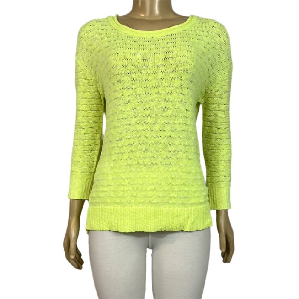 NWT Parkhurst Sweater Womens Round Neck Open Knit Citron 3/4 Sleeve Rela…